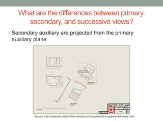 What are the differences between primary,
      secondary, and successive views?
• Secondary auxiliary are projected from the primary
 auxiliary plane




          Source: http://joekintercadportfolio.weebly.com/segment-8-supplemental-views.html
 