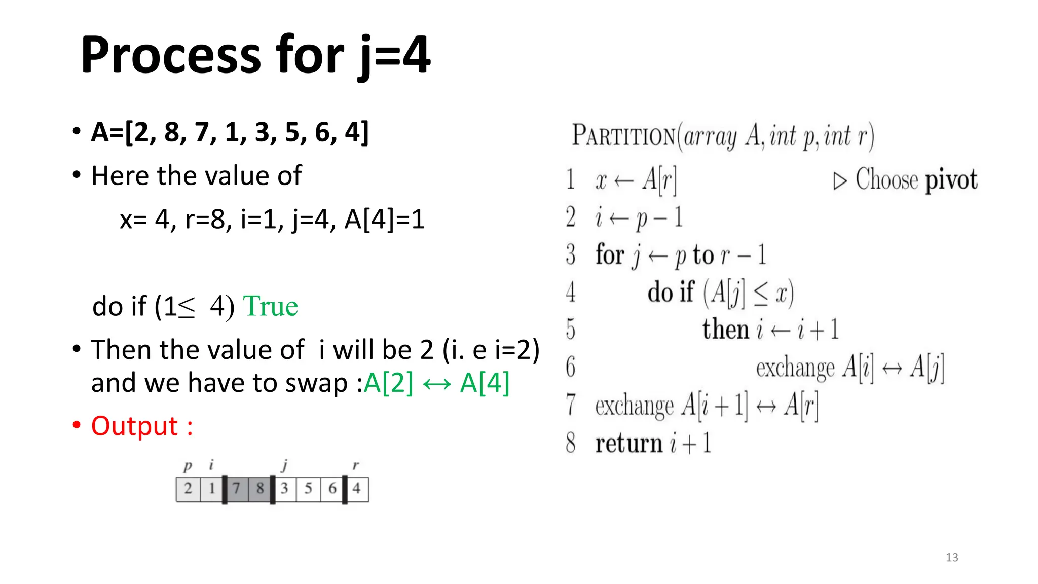 13
• A=[2, 8, 7, 1, 3, 5, 6, 4]
• Here the value of
x= 4, r=8, i=1, j=4, A[4]=1
do if (1≤ 4) True
• Then the value of i will be 2 (i. e i=2)
and we have to swap :A[2] ↔ A[4]
• Output :
Process for j=4
 