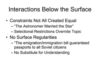 Interactions Below the Surface Constraints Not All Created Equal “ The Astronomer Married the Star” Selectional Restrictions Override Topic No Surface Regularities “ The emigration/immigration bill guaranteed passports to all Soviet citizens No Substitute for Understanding 