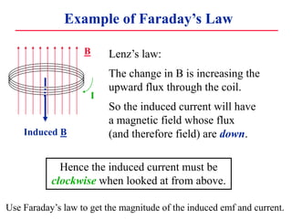 Example of Faraday’s Law
B
Hence the induced current must be
clockwise when looked at from above.
Lenz’s law:
The change in B is increasing the
upward flux through the coil.
So the induced current will have
a magnetic field whose flux
(and therefore field) are down.
Induced B
I
Use Faraday’s law to get the magnitude of the induced emf and current.
 