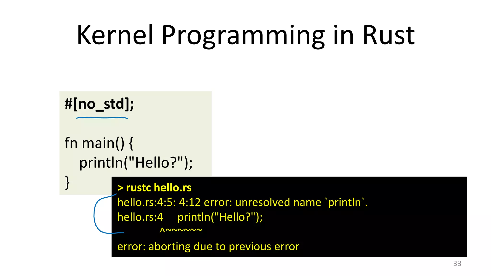Kernel Programming in Rust 33 #[no_std]; fn main() { println("Hello?"); } > rustc hello.rs hello.rs:4:5: 4:12 error: unresolved name `println`. hello.rs:4 println("Hello?"); ^~~~~~~ error: aborting due to previous error 