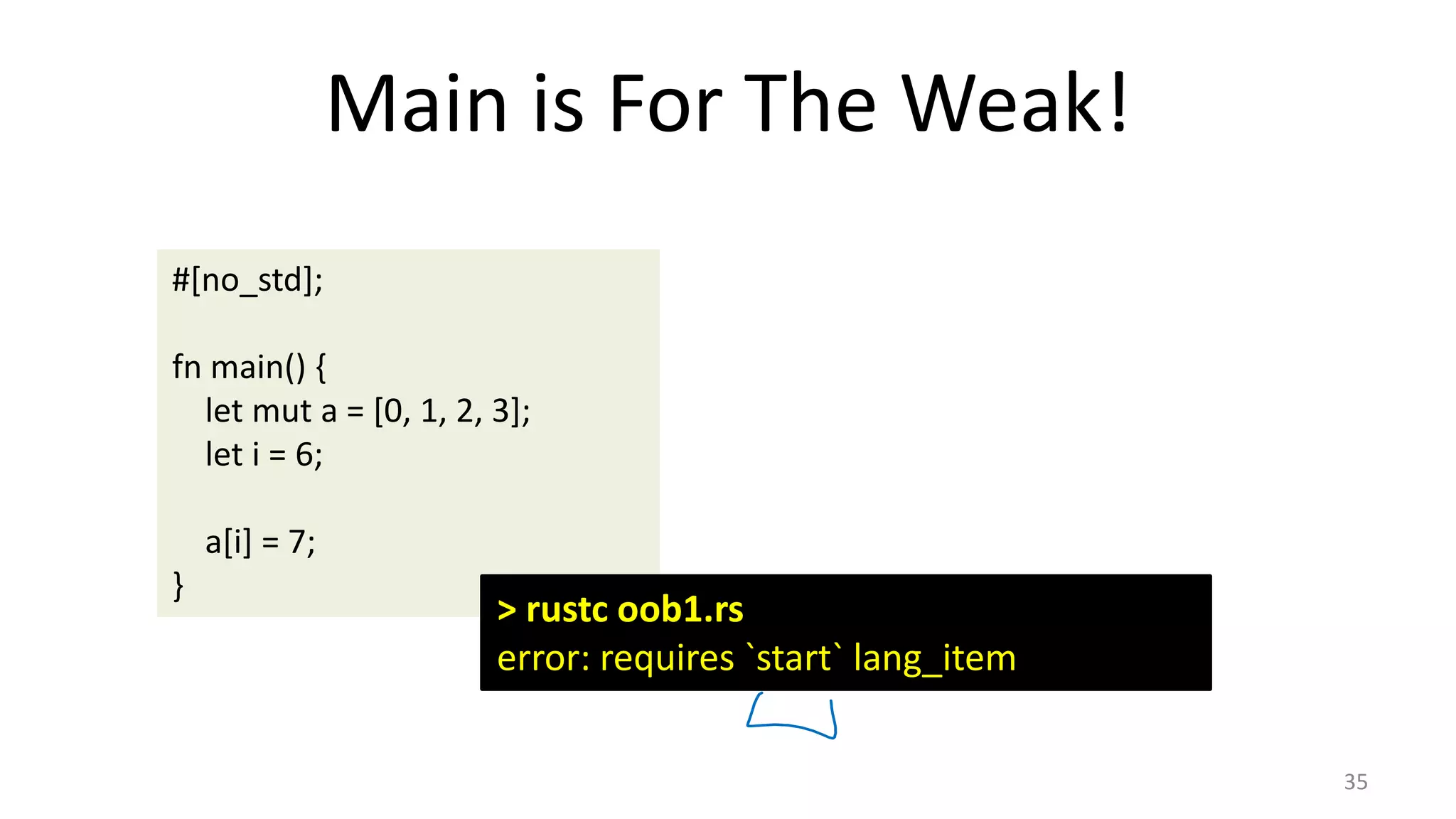 Main is For The Weak! 35 #[no_std]; fn main() { let mut a = [0, 1, 2, 3]; let i = 6; a[i] = 7; } > rustc oob1.rs error: requires `start` lang_item 