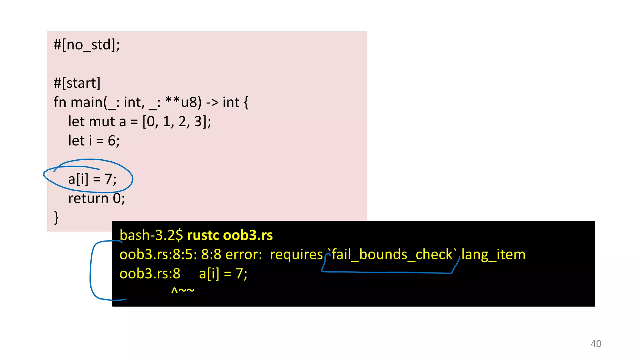 40 #[no_std]; #[start] fn main(_: int, _: **u8) -> int { let mut a = [0, 1, 2, 3]; let i = 6; a[i] = 7; return 0; } bash-3.2$ rustc oob3.rs oob3.rs:8:5: 8:8 error: requires `fail_bounds_check` lang_item oob3.rs:8 a[i] = 7; ^~~ 