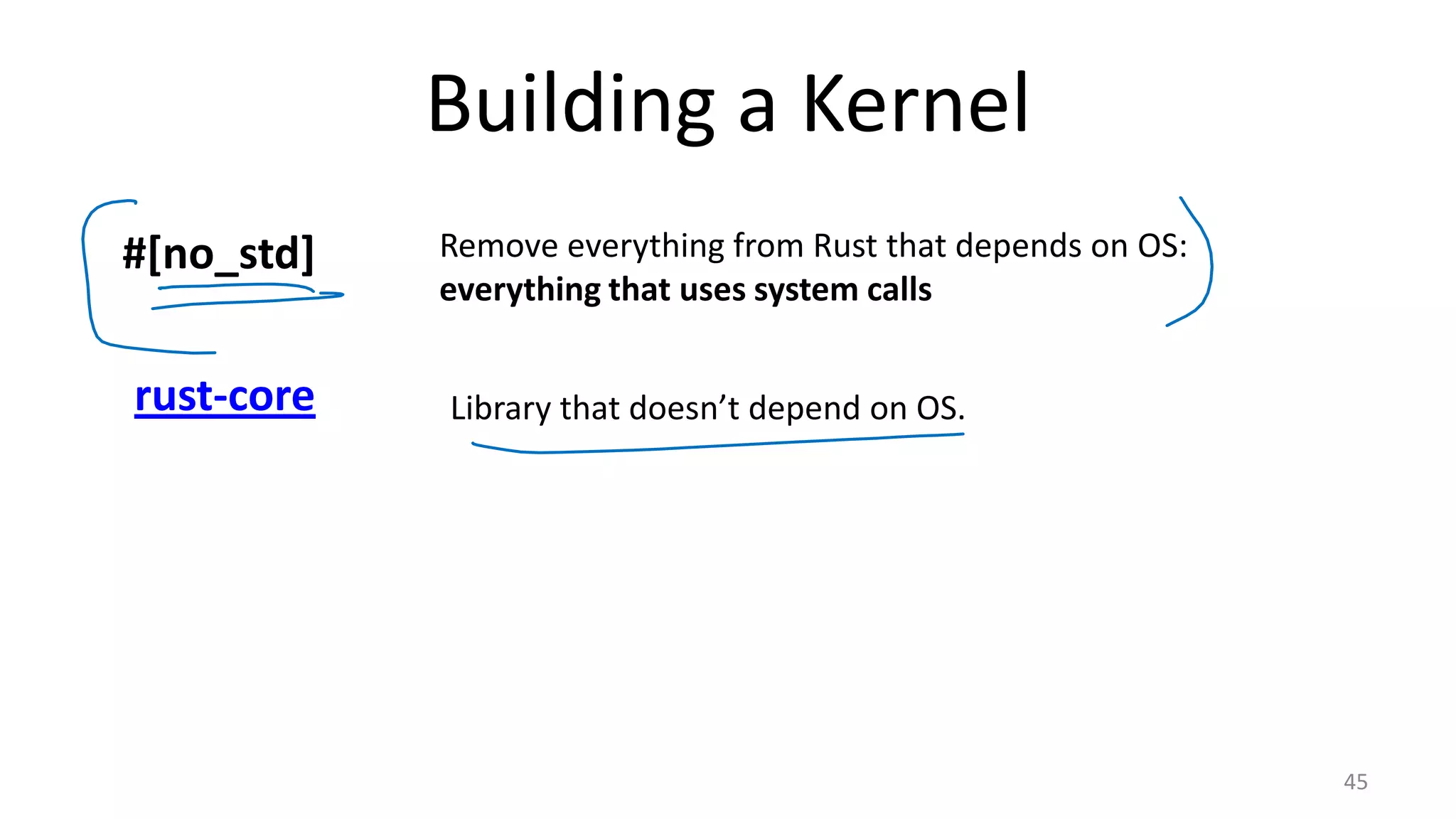 Building a Kernel 45 #[no_std] Remove everything from Rust that depends on OS: everything that uses system calls rust-core Library that doesn’t depend on OS. 