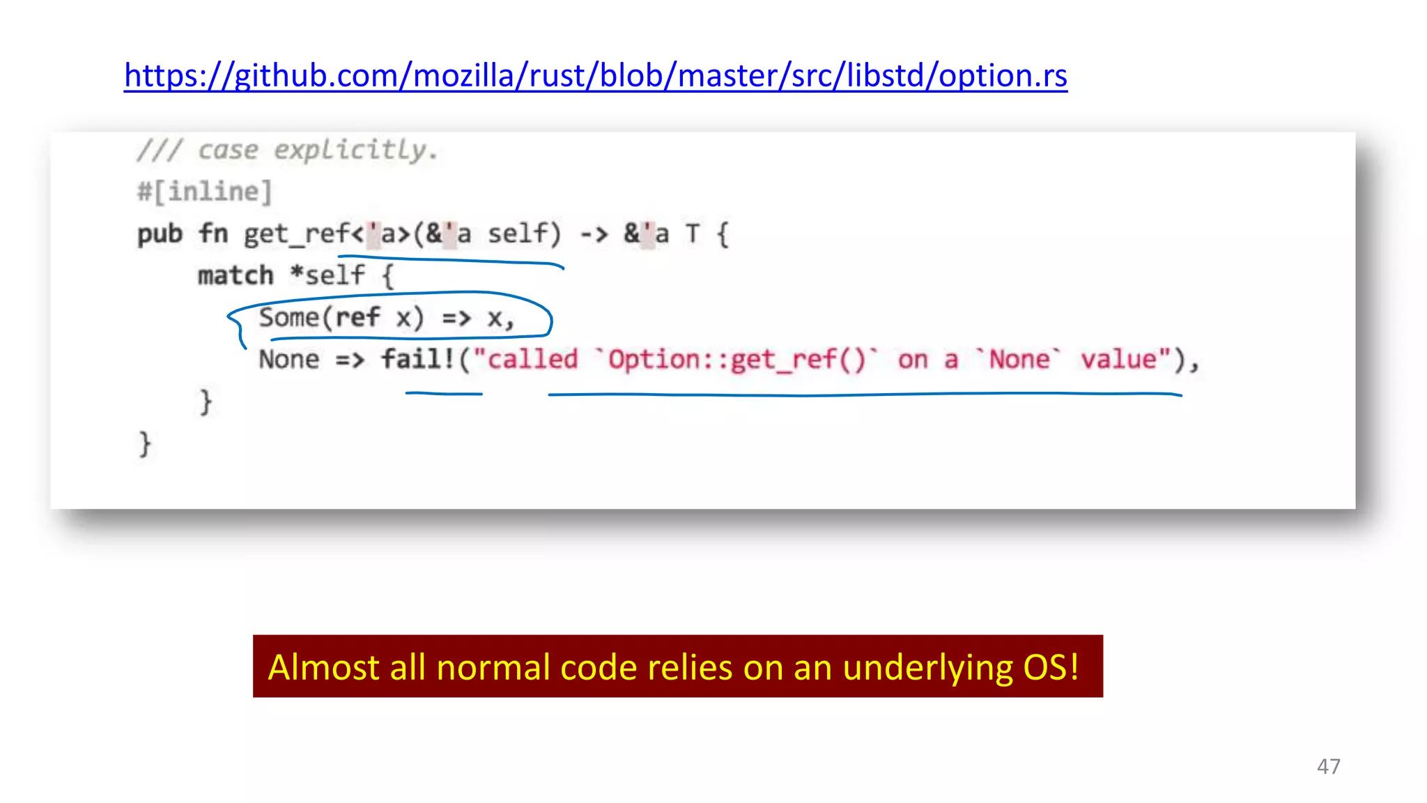 47 https://github.com/mozilla/rust/blob/master/src/libstd/option.rs Almost all normal code relies on an underlying OS! 