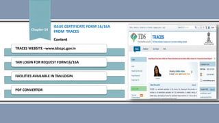 TRACES WEBSITE –www.tdscpc.gov.in
TAN LOGIN FOR REQUEST FORM16/16A
FACILITIES AVAILABLE IN TAN LOGIN
PDF CONVERTOR
Content
Chapter-14
ISSUE CERTIFICATE FORM 16/16A
FROM TRACES
 