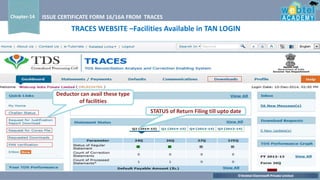 ©Webtel Electrosoft Private Limited
Chapter-14 ISSUE CERTIFICATE FORM 16/16A FROM TRACES
STATUS of Return Filing till upto date
Deductor can avail these type
of facilities
TRACES WEBSITE –Facilities Available in TAN LOGIN
 