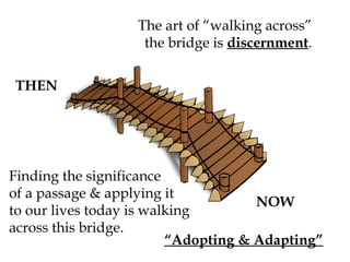 The art of “walking across”
the bridge is discernment.
THEN

Finding the significance
of a passage & applying it
NOW
to our lives today is walking
across this bridge.
“Adopting & Adapting”

 