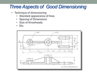 Three Aspects of Good Dimensioning
 • Technique of dimensioning
    • Standard appearance of lines
    • Spacing of Dimensions
    • Size of Arrowheads
    • Etc.
 
