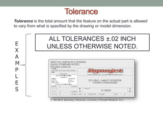 Tolerance
Tolerance is the total amount that the feature on the actual part is allowed
to vary from what is specified by the drawing or model dimension.


                  ALL TOLERANCES ±.02 INCH
E
                  UNLESS OTHERWISE NOTED.
X
A
M
P
L
E
S
                    A Title Block Specifying Tolerances. (Courtesy of Dynojet Research, Inc.)
 
