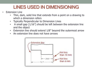 LINES USED IN DIMENSIONING
• Extension Line
     • Thin, dark, solid line that extends from a point on a drawing to
        which a dimension refers
     • Typically Perpendicular to Dimension Lines
     • A small gap (1/16”) should be left between the extension line
        and the object
     • Extension line should extend 1/8” beyond the outermost arrow
     • An extension line does not have arrows
 