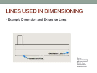 LINES USED IN DIMENSIONING
• Example Dimension and Extension Lines




                                          Source:
                                          http://www.theswg
                                          eek.com/2008/05/
                                          29/hide-show-
                                          extension-and-
                                          dimension-lines/
 