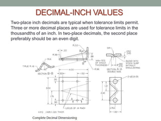 DECIMAL-INCH VALUES
Two-place inch decimals are typical when tolerance limits permit.
Three or more decimal places are used for tolerance limits in the
thousandths of an inch. In two-place decimals, the second place
preferably should be an even digit.
 