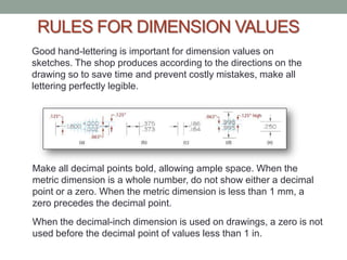 RULES FOR DIMENSION VALUES
Good hand-lettering is important for dimension values on
sketches. The shop produces according to the directions on the
drawing so to save time and prevent costly mistakes, make all
lettering perfectly legible.




Make all decimal points bold, allowing ample space. When the
metric dimension is a whole number, do not show either a decimal
point or a zero. When the metric dimension is less than 1 mm, a
zero precedes the decimal point.
When the decimal-inch dimension is used on drawings, a zero is not
used before the decimal point of values less than 1 in.
 