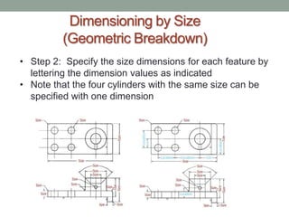 Dimensioning by Size
         (Geometric Breakdown)
• Step 2: Specify the size dimensions for each feature by
  lettering the dimension values as indicated
• Note that the four cylinders with the same size can be
  specified with one dimension
 