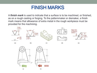 FINISH MARKS
A finish mark is used to indicate that a surface is to be machined, or finished,
as on a rough casting or forging. To the patternmaker or diemaker, a finish
mark means that allowance of extra metal in the rough workpiece must be
provided for the machining.
 