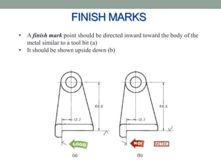 FINISH MARKS
• A finish mark point should be directed inward toward the body of the
  metal similar to a tool bit (a)
• It should be shown upside down (b)
 