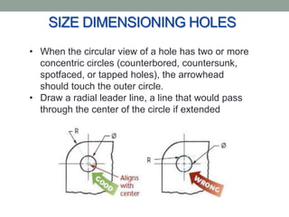 SIZE DIMENSIONING HOLES
• When the circular view of a hole has two or more
  concentric circles (counterbored, countersunk,
  spotfaced, or tapped holes), the arrowhead
  should touch the outer circle.
• Draw a radial leader line, a line that would pass
  through the center of the circle if extended
 
