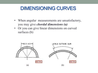 DIMENSIONING CURVES

• When angular measurements are unsatisfactory,
  you may give chordal dimensions (a)
• Or you can give linear dimensions on curved
  surfaces (b)
 