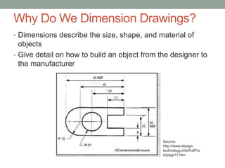 Why Do We Dimension Drawings?
• Dimensions describe the size, shape, and material of
  objects
• Give detail on how to build an object from the designer to
  the manufacturer




                                              Source:
                                              http://www.design-
                                              technology.info/IndPro
                                              d/page11.htm
 