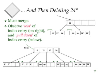 16
... And Then Deleting 24*
 Must merge.
 Observe `toss’ of
index entry (on right),
and `pull down’ of
index entry (below).
30
22* 27* 29* 33* 34* 38* 39*
2* 3* 7* 14* 16* 22* 27* 29* 33* 34* 38* 39*
5* 8*
Root
30
13
5 17
 
