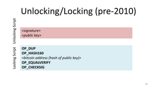 Unlocking/Locking (pre-2010)
16
OP_DUP
OP_HASH160
<bitcoin address (hash of public key)>
OP_EQUALVERIFY
OP_CHECKSIG
LockingScript
<signature>
<public key>
UnlockingScript
 
