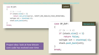 7
https://github.com/bitcoin/bitcoin/blob/41e6e4caba9899ce7c165b0784461c55c867ee24/src/script/interpreter.cpp#L524
Version 0.1
Project idea: look at how bitcoin
core code has evolved over time
Latest
 