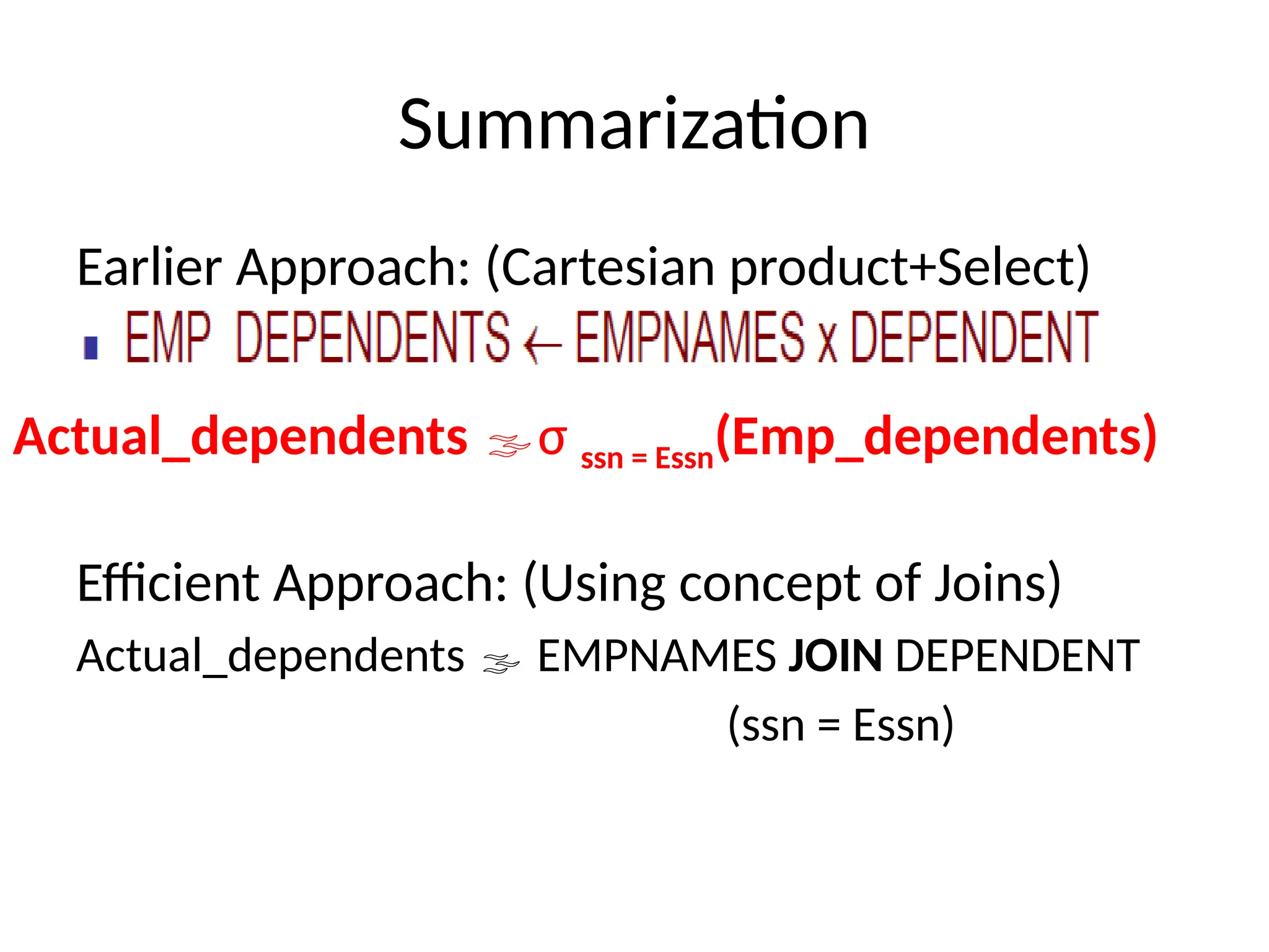 Summarization
Earlier Approach: (Cartesian product+Select)
Efficient Approach: (Using concept of Joins)
Actual_dependents  EMPNAMES JOIN DEPENDENT
(ssn = Essn)
Actual_dependents σ ssn = Essn(Emp_dependents)
 