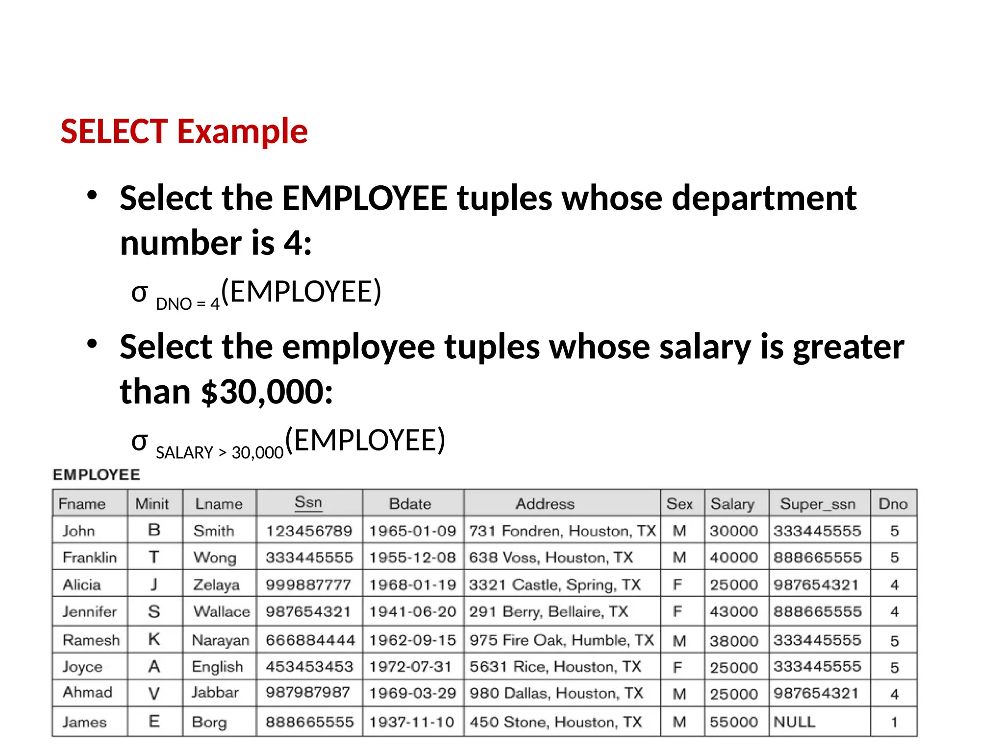 SELECT Example
• Select the EMPLOYEE tuples whose department
number is 4:
σ DNO = 4(EMPLOYEE)
• Select the employee tuples whose salary is greater
than $30,000:
σ SALARY > 30,000(EMPLOYEE)
 