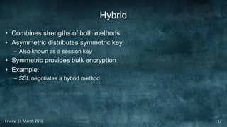 Hybrid
• Combines strengths of both methods
• Asymmetric distributes symmetric key
– Also known as a session key
• Symmetric provides bulk encryption
• Example:
– SSL negotiates a hybrid method
Friday, 11 March 2016 17
 