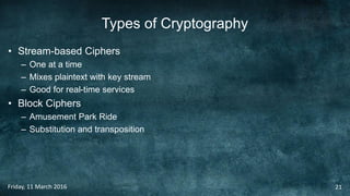 Types of Cryptography
• Stream-based Ciphers
– One at a time
– Mixes plaintext with key stream
– Good for real-time services
• Block Ciphers
– Amusement Park Ride
– Substitution and transposition
Friday, 11 March 2016 21
 