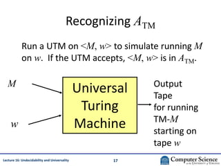 17
Lecture 16: Undecidability and Universality
Recognizing ATM
Run a UTM on <M, w> to simulate running M
on w. If the UTM ...