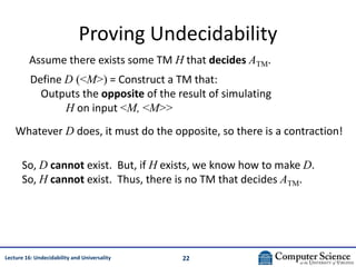 22
Lecture 16: Undecidability and Universality
Proving Undecidability
Define D (<M>) = Construct a TM that:
Outputs the op...