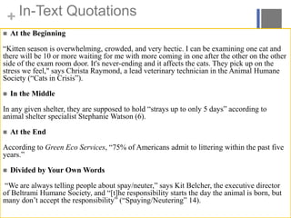 In-Text Quotations
+


At the Beginning

“Kitten season is overwhelming, crowded, and very hectic. I can be examining one cat and
there will be 10 or more waiting for me with more coming in one after the other on the other
side of the exam room door. It's never-ending and it affects the cats. They pick up on the
stress we feel," says Christa Raymond, a lead veterinary technician in the Animal Humane
Society (“Cats in Crisis”).


In the Middle

In any given shelter, they are supposed to hold “strays up to only 5 days” according to
animal shelter specialist Stephanie Watson (6).


At the End

According to Green Eco Services, “75% of Americans admit to littering within the past five
years.”


Divided by Your Own Words

“We are always telling people about spay/neuter,” says Kit Belcher, the executive director
of Beltrami Humane Society, and “[t]he responsibility starts the day the animal is born, but
many don’t accept the responsibility” (“Spaying/Neutering” 14).

 