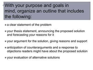 +With your purpose and goals in
mind, organize an outline that includes
the following:
a

clear statement of the problem

 your

thesis statement, announcing the proposed solution
and forecasting your reasons for it

 your

argument for the solution, giving reasons and support

 anticipation

of counterarguments and a response to
objections readers might have about the proposed solution

 your

evaluation of alternative solutions

 