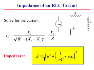 Impedance of an RLC Circuit
Solve for the current:
Impedance:
Ip ?
Vp
R2
? (Xc ? XL )2
?
Vp
Z
Z ? R2
?
1
?C
? ?L
??
??
??
??
2
R
L
C
~
 