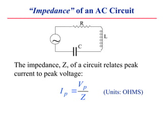Impedance of an AC Circuit
R
L
C
~
The impedance, Z, of a circuit relates peak
current to peak voltage:
I
V
Z
p
p
? (Units: OHMS)
 