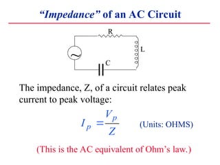 Impedance of an AC Circuit
R
L
C
~
The impedance, Z, of a circuit relates peak
current to peak voltage:
I
V
Z
p
p
? (Units: OHMS)
(This is the AC equivalent of Ohms law.)
 