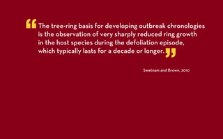 “   The tree-ring basis for developing outbreak chronologies
    is the observation of very sharply reduced ring growth
    in the host species during the defoliation episode,


                                                 ”
    which typically lasts for a decade or longer.

                                       Swetnam and Brown, 2010
 