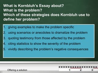 What is Kornbluh’s Essay about?
What is the problem?
Which of these strategies does Kornbluh use to
define her problem?
1. giving examples to make the problem specific
2. using scenarios or anecdotes to dramatize the problem
3. quoting testimony from those affected by the problem
4. citing statistics to show the severity of the problem
5. vividly describing the problem’s negative consequences
1. giving examples to make the problem specific
2. using scenarios or anecdotes to dramatize the problem
3. quoting testimony from those affected by the problem
4. citing statistics to show the severity of the problem
5. vividly describing the problem’s negative consequences
Offering a solution
 
