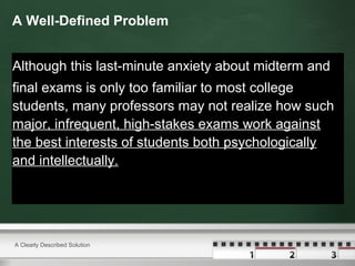 A Well-Defined Problem
Although this last-minute anxiety about midterm and
final exams is only too familiar to most college
students, many professors may not realize how such
major, infrequent, high-stakes exams work against
the best interests of students both psychologically
and intellectually.
A Clearly Described Solution
 