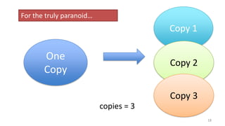 18
copies = 3
One
Copy
Copy 1
Copy 2
For the truly paranoid…
Copy 3
 