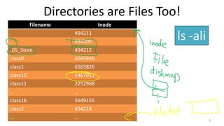 Directories are Files Too!
3
Filename Inode
. 494211
.. 494205
.DS_Store 494212
class0 6565946
class1 6565826
class10 1467012
class11 2252968
… …
class16 5649155
class2 494218
… …
ls -ali
 