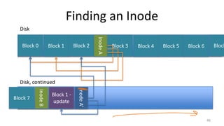 Finding an Inode
46
Block 0
Disk
Block 1 Block 2
InodeA
Block 3 Block 4 Block 5
Disk, continued
Block 6 Block
InodeB
Block 7
Block 1 -
update
InodeA’
 