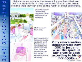 Reincarnation explains the reasons for problems that are
with us from birth. If they cannot be found in the current
lifetime then they can only be the result of other existences.
City of “Nosso Lar.”
Reincarnation
Preparation Center
mentioned in the
same book.
Only reincarnation
demonstrates how
GOD is just and
wise. His spiritual
law gives to each
according to his or
her deeds.
Study of a spirit’s
future body.
Andre Luiz receives
information about a
spirit that is about
to reincarnate. His
somatic body has
certain anomalies
in the G.I. tract
(observe the dark
dots that will
become an ulcer in
the future).
 