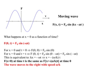 x
v Moving wave
F(x, t) = FP sin (kx - t )
What happens at x = 0 as a function of time?
F(0, t) = FP sin (-t)
F
For x = 0 and t = 0  F(0, 0) = FP sin (0)
For x = 0 and t = t  F (0, t) = FP sin (0 – t) = FP sin (– t)
This is equivalent to: kx = - t  x = - (/k) t
F(x=0) at time t is the same as F[x=-(/k)t] at time 0
The wave moves to the right with speed /k
 