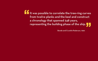 “   It was possible to correlate the tree-ring curves
    from twelve planks and the keel and construct
    a chronology that spanned 248 years,

                                                             ”
    representing the building phase of the ship.
                          Bonde and Crumlin-Pederson, 1990
 