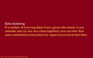 Date clustering
       If a number of tree-ring dates from a given site cluster in one
       calendar year (or are very close together), one can infer that
       some substantial construction (or repair) occurred at that time.




Source: Nash, Journal of Archeological Research, 2002
 