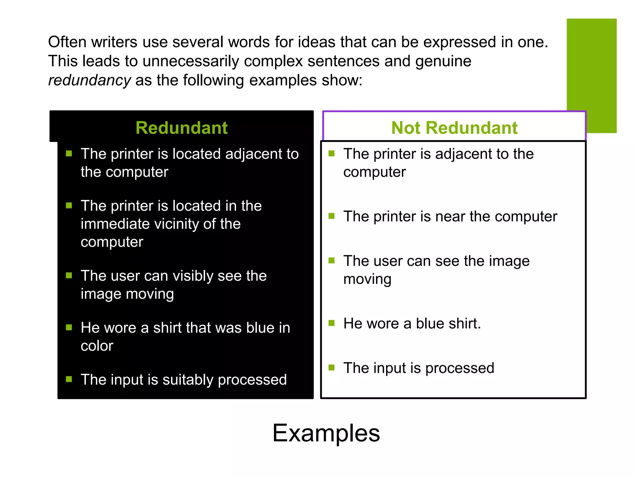 Often writers use several words for ideas that can be expressed in one.
This leads to unnecessarily complex sentences and genuine
redundancy as the following examples show:
Redundant
 The printer is located adjacent to
the computer
 The printer is located in the
immediate vicinity of the
computer
 The user can visibly see the
image moving
 He wore a shirt that was blue in
color
 The input is suitably processed
Not Redundant
 The printer is adjacent to the
computer
 The printer is near the computer
 The user can see the image
moving
 He wore a blue shirt.
 The input is processed
Examples
 