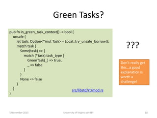 Green Tasks?
pub fn in_green_task_context() -> bool {
unsafe {
let task: Option<*mut Task> = Local::try_unsafe_borrow();
match task {
Some(task) => {
match (*task).task_type {
GreenTask(_) => true,
_ => false
}
}
None => false
}
}
src/libstd/rt/mod.rs
}

5 November 2013

University of Virginia cs4414

???
Don’t really get
this…a good
explanation is
worth a
challenge!

10

 